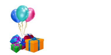 Beyaz zemin üzerinde kurdele, fiyonk ve çok renkli balonlar olan renkli hediye kutularıyla vektör illüstrasyonu