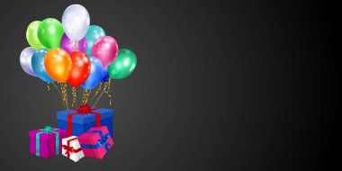 Siyah zemin üzerinde kurdele, fiyonk ve çok renkli balonlar olan renkli hediye kutularıyla vektör illüstrasyonu