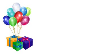 Beyaz zemin üzerinde kurdele, fiyonk ve çok renkli balonlar olan renkli hediye kutularıyla vektör illüstrasyonu