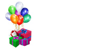 Beyaz zemin üzerinde kurdele, fiyonk ve çok renkli balonlar olan renkli hediye kutularıyla vektör illüstrasyonu