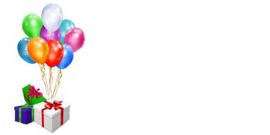 Beyaz zemin üzerinde kurdele, fiyonk ve çok renkli balonlar olan renkli hediye kutularıyla vektör illüstrasyonu