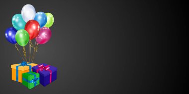 Siyah zemin üzerinde kurdele, fiyonk ve çok renkli balonlar olan renkli hediye kutularıyla vektör illüstrasyonu