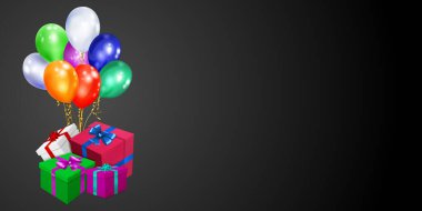 Siyah zemin üzerinde kurdele, fiyonk ve çok renkli balonlar olan renkli hediye kutularıyla vektör illüstrasyonu