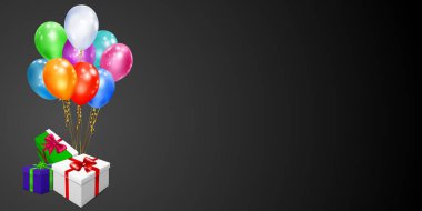 Siyah zemin üzerinde kurdele, fiyonk ve çok renkli balonlar olan renkli hediye kutularıyla vektör illüstrasyonu