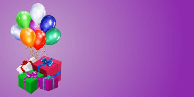 Renkli hediye kutuları, kurdeleler, fiyonklar ve mor arka planda çok renkli balonlar olan vektör çizimi