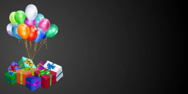 Siyah zemin üzerinde kurdele, fiyonk ve çok renkli balonlar olan renkli hediye kutularıyla vektör illüstrasyonu