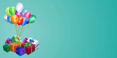 Renkli hediye kutuları, kurdeleler, fiyonklar ve turkuaz arka planda çok renkli balonlar olan vektör illüstrasyonu