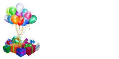 Beyaz zemin üzerinde kurdele, fiyonk ve çok renkli balonlar olan renkli hediye kutularıyla vektör illüstrasyonu