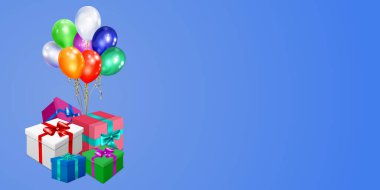 Renkli hediye kutularının olduğu vektör illüstrasyonu. Açık mavi arka planda kurdele, fiyonk ve çok renkli balonlar.