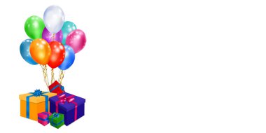 Beyaz zemin üzerinde kurdele, fiyonk ve çok renkli balonlar olan renkli hediye kutularıyla vektör illüstrasyonu