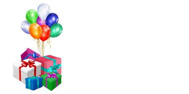 Beyaz zemin üzerinde kurdele, fiyonk ve çok renkli balonlar olan renkli hediye kutularıyla vektör illüstrasyonu