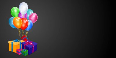 Siyah zemin üzerinde kurdele, fiyonk ve çok renkli balonlar olan renkli hediye kutularıyla vektör illüstrasyonu