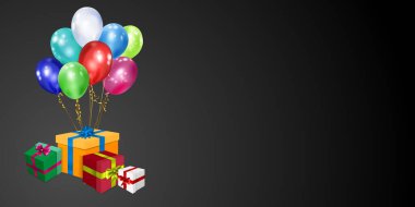Siyah zemin üzerinde kurdele, fiyonk ve çok renkli balonlar olan renkli hediye kutularıyla vektör illüstrasyonu