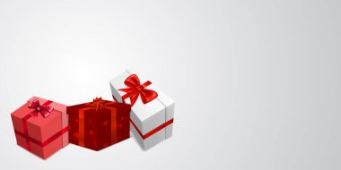 Sevgililer Günü için çeşitli kırmızı, pembe ve beyaz hediye kutuları, açık arkaplan üzerinde kurdeleler, kurdeleler ve kalp desenleri olan vektör çizimi