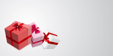 Sevgililer Günü için çeşitli kırmızı, pembe ve beyaz hediye kutuları, açık arkaplan üzerinde kurdeleler, kurdeleler ve kalp desenleri olan vektör çizimi