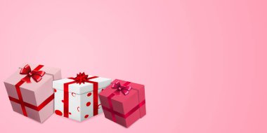 Sevgililer Günü için çeşitli kırmızı, bordo ve beyaz hediye kutuları, pembe arka planda kurdeleler, kurdeleler ve kalp desenleri olan vektör çizimleri.