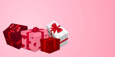 Sevgililer Günü için çeşitli kırmızı, bordo ve beyaz hediye kutuları, pembe arka planda kurdeleler, kurdeleler ve kalp desenleri olan vektör çizimleri.