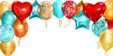 Beyaz arkaplanda çeşitli şekil ve renklerde uçan helyum balonları ile vektör illüstrasyonu