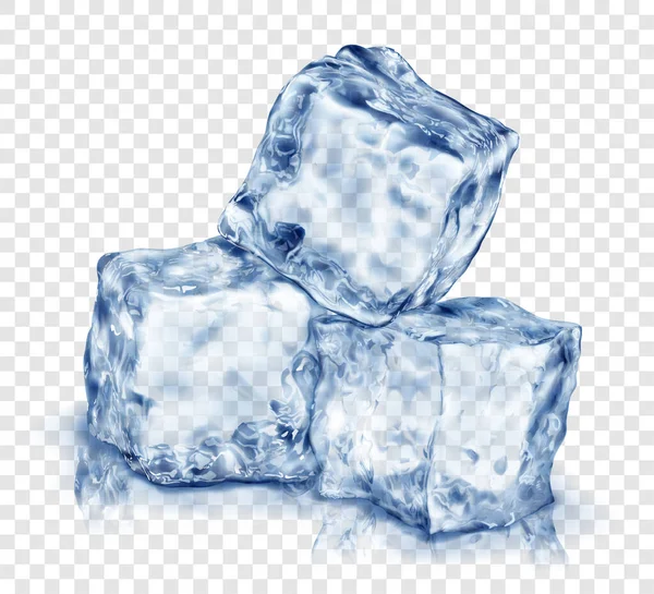 反射と青の色の3つの現実的な半透明の氷のキューブのグループは 透明な背景に隔離された ベクトル形式でのみ透明 — ストックベクタ