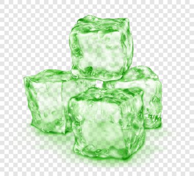 Şeffaf arkaplanda izole edilmiş, yeşil renkli, gerçekçi saydam buz küpleri grubu. Sadece vektör biçiminde şeffaflık