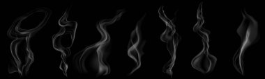 Koyu arkaplanda kullanmak üzere birkaç gerçekçi şeffaf gri sigara veya buhar seti. Sadece vektör biçiminde şeffaflık