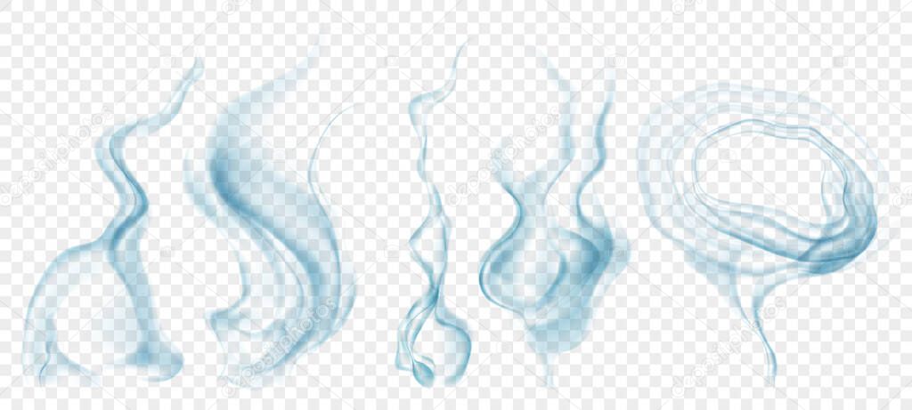 Set of several realistic transparent light blue smokes or steam, for use on light background. Transparency only in vector format