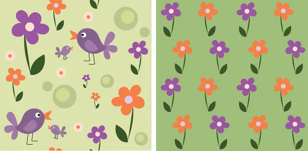 Seamless cute flowers and birds, set — Stock Vector