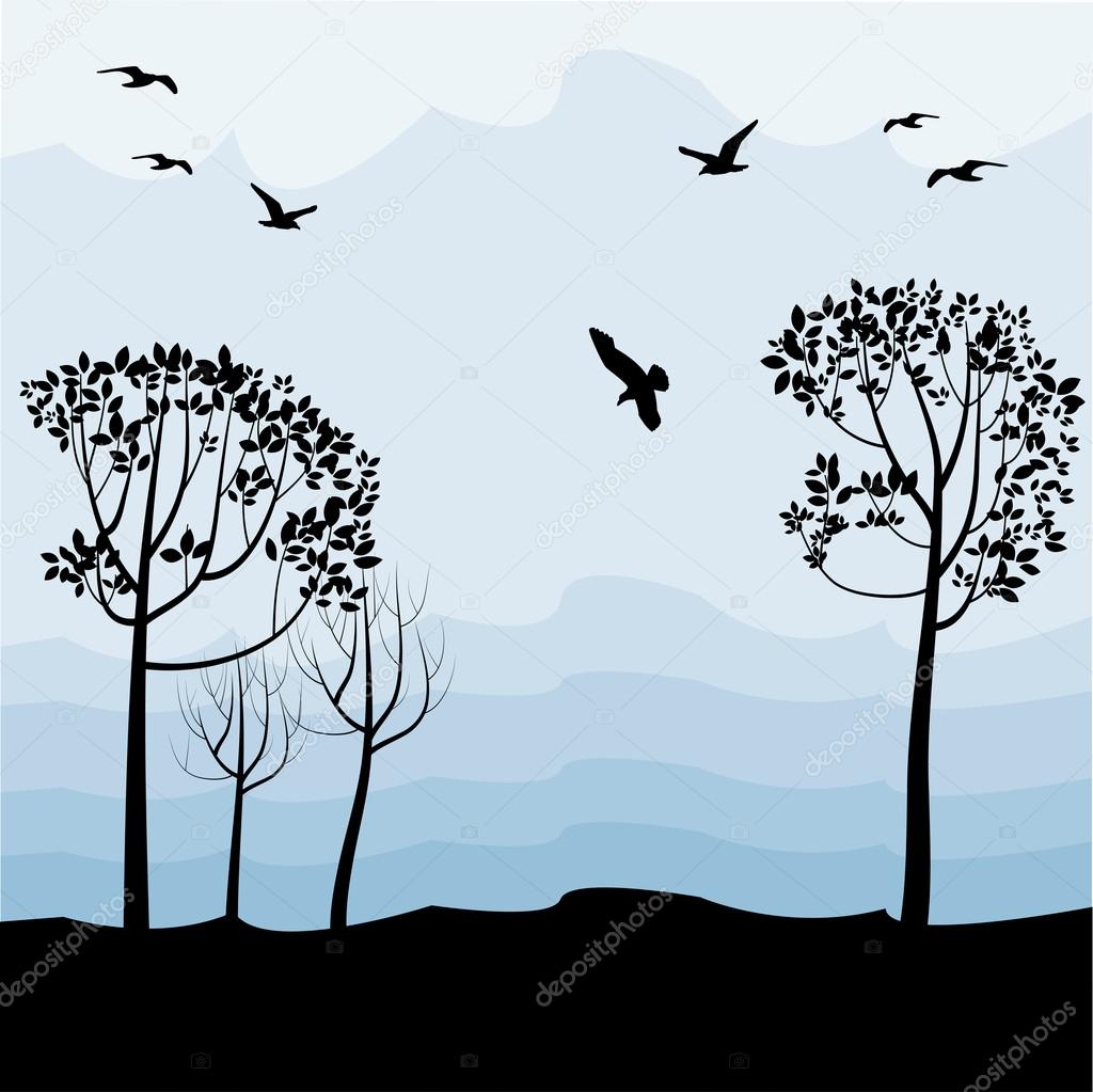 Landscape with birds, silhouettes