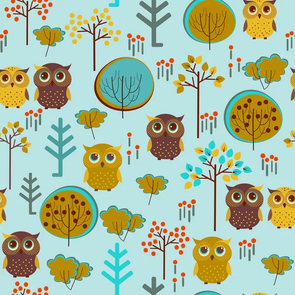 Lindo patrón inconsútil colorido con búho y árboles — Vector de stock