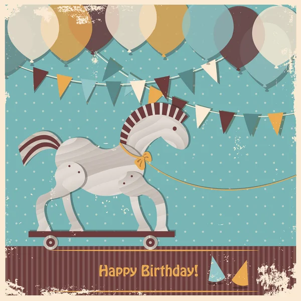 Cute toy horse. Happy birthday card — Stock Vector