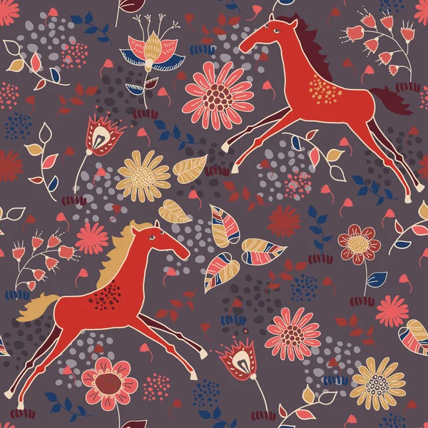 Texture mignon sans couture avec des chevaux en fleurs — Image vectorielle