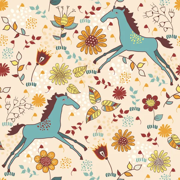 可爱的无缝纹理中的花与马儿 — 图库矢量图片