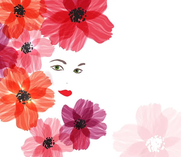 Twarz ładne dziewczyny z czerwonymi kwiatkami — Wektor stockowy