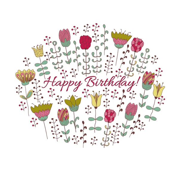 Cartão de aniversário feliz com flores doodle —  Vetores de Stock