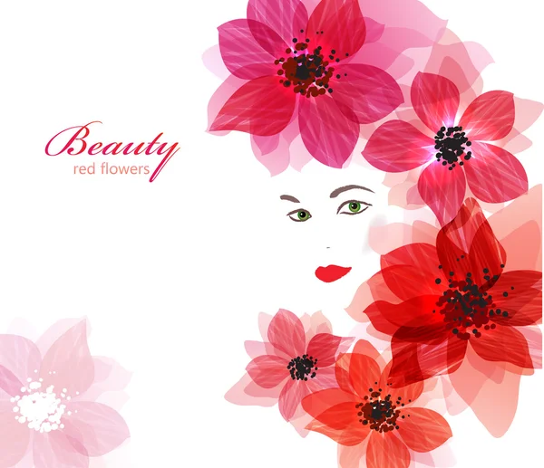 Pretty girls face with red flowers — Stock Vector