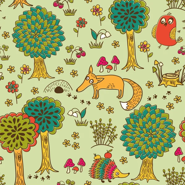 かわいい落書き森林動物とのシームレスなパターン — ストックベクタ