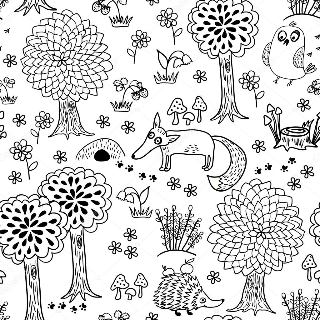 Cute doodle seamless pattern with forest animals