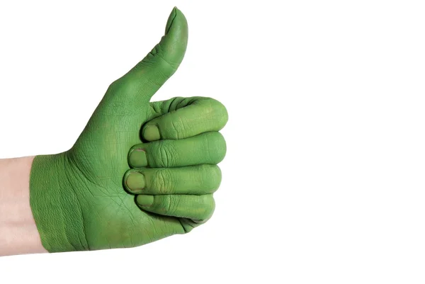 Mão verde mostrando polegar para cima — Fotografia de Stock
