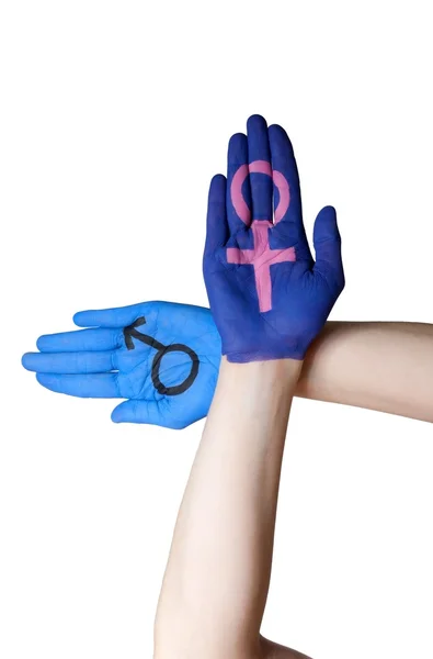 Two hands with gender signs — Stock Photo, Image