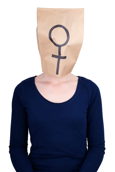 Osoby z kobieta znak na głowę worek papieru — Zdjęcie stockowe