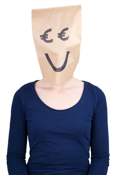 Persona con cabeza de bolsa de papel euro — Foto de Stock