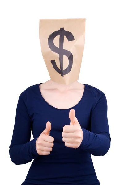 Paper bag head with dollar sign — Stock Photo, Image