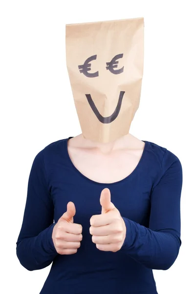 Feliz persona sonriente con cabeza de bolsa de papel euro — Foto de Stock