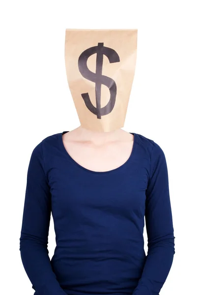 Paper bag head with dollar sign — Stock Photo, Image