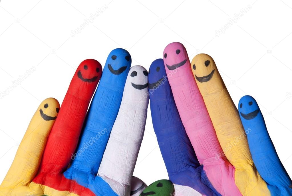 painted hands with smiling fingers