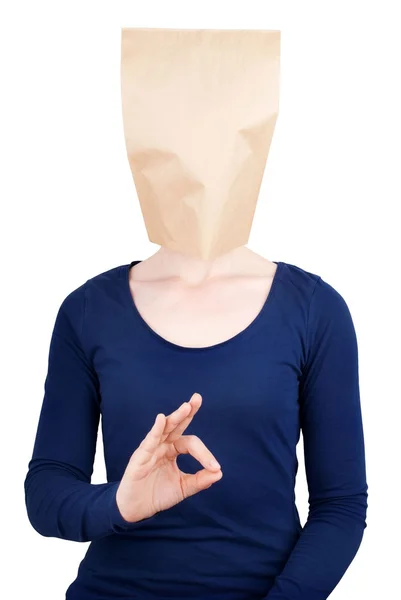 Person with blank paper bag head — Stock Photo, Image