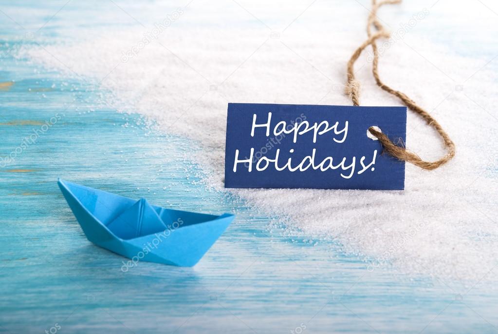 Label with Happy Holidays and Boat