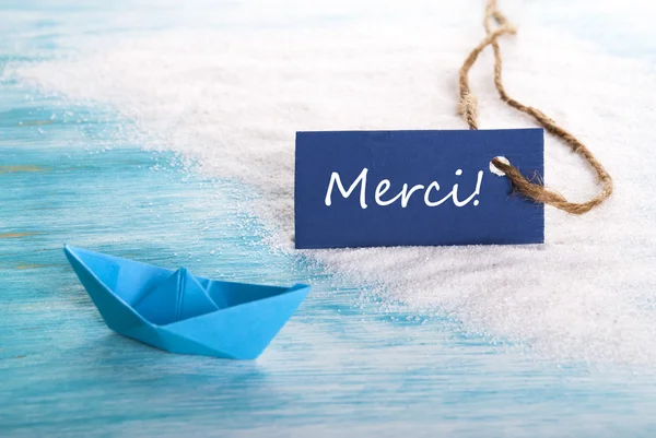 Blue Tag with Merci — Stock Photo, Image