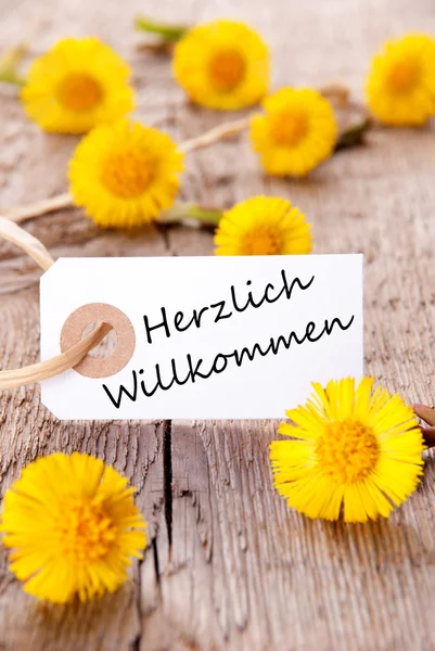 Flores amarelas com Herzlich Willkommen — Fotografia de Stock