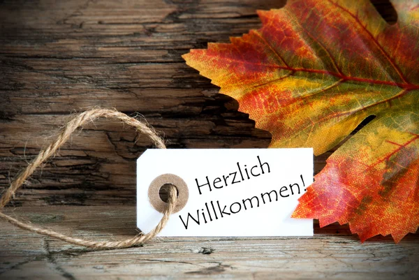 Autumn Label with Herzlich Willkommen — Stock Photo, Image